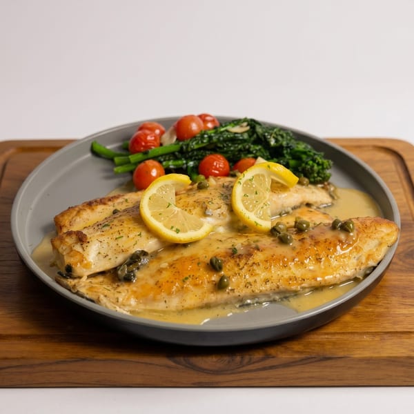 Pan-seared fish fillets with lemon slices, capers, roasted tomatoes, and broccolini on a gray plate.