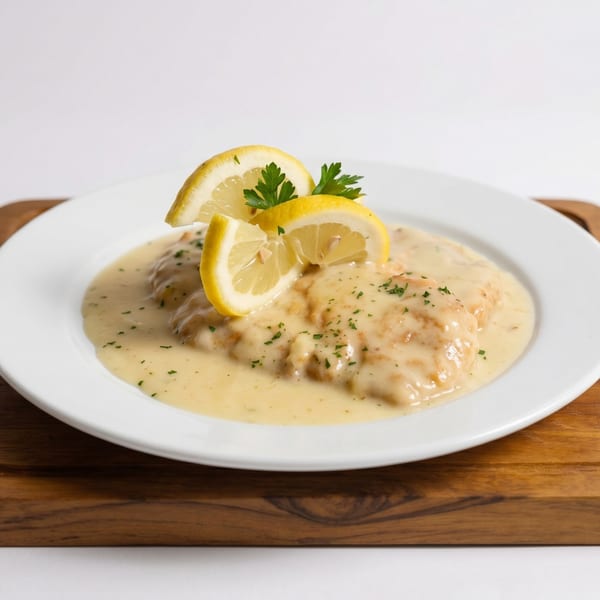 Chicken piccata with lemon slices and parsley on a white plate, on a wooden board.