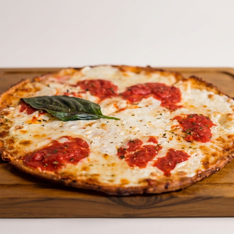 Round Margherita pizza with melted mozzarella, red sauce dollops, and a basil leaf on a wooden board.