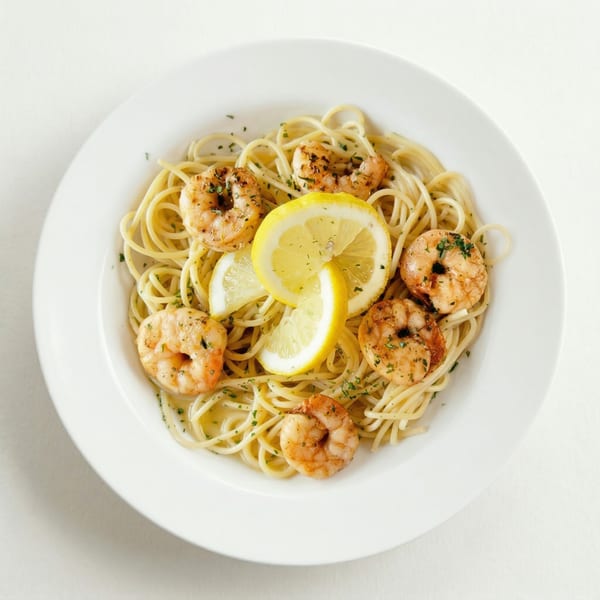 Shrimp scampi with spaghetti, parsley, and lemon slices in a white bowl.