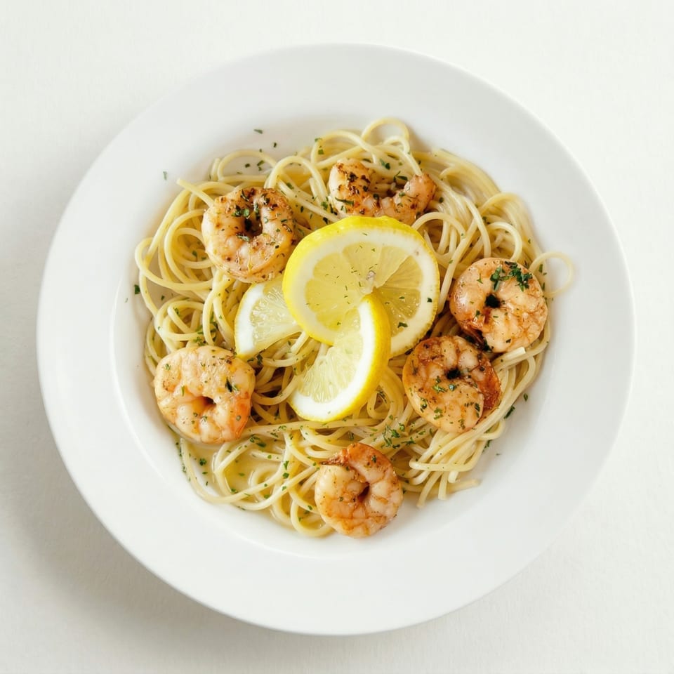 Shrimp scampi with spaghetti, parsley, and lemon slices in a white bowl.