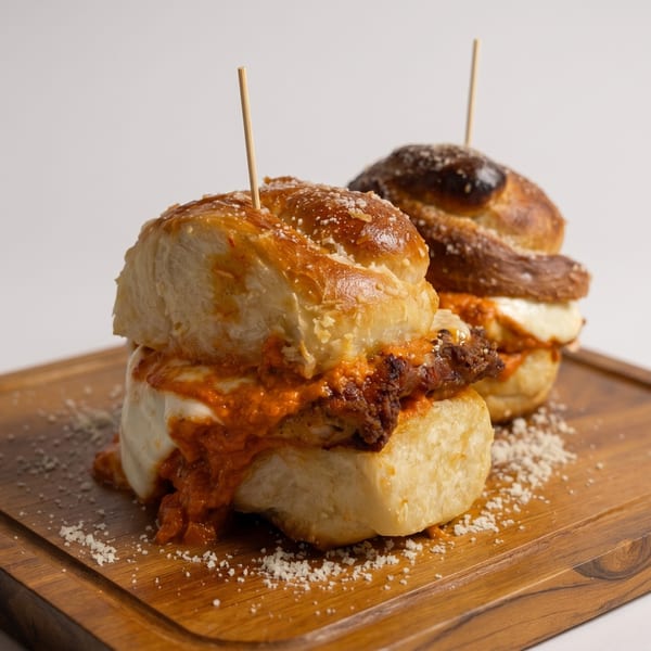 Two sliders with meat, melted cheese, and red sauce on pretzel buns, sprinkled with salt.