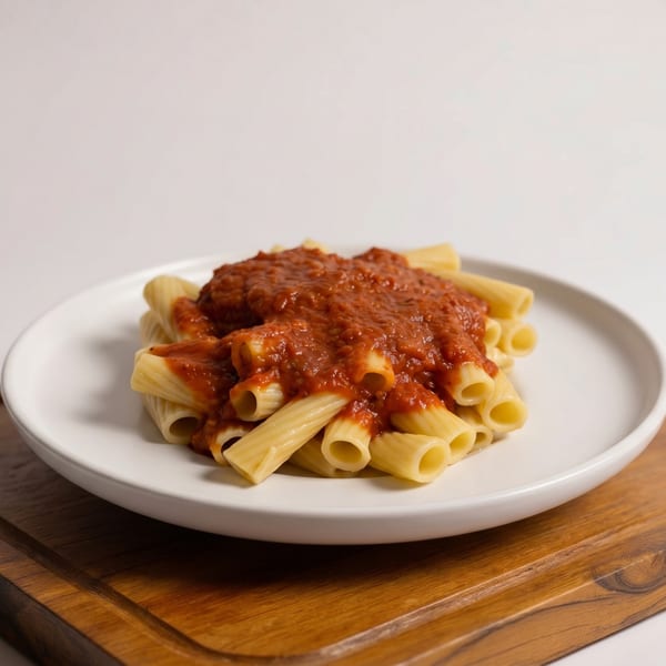 Rigatoni pasta with rich red tomato sauce on a white plate, on a wooden board.