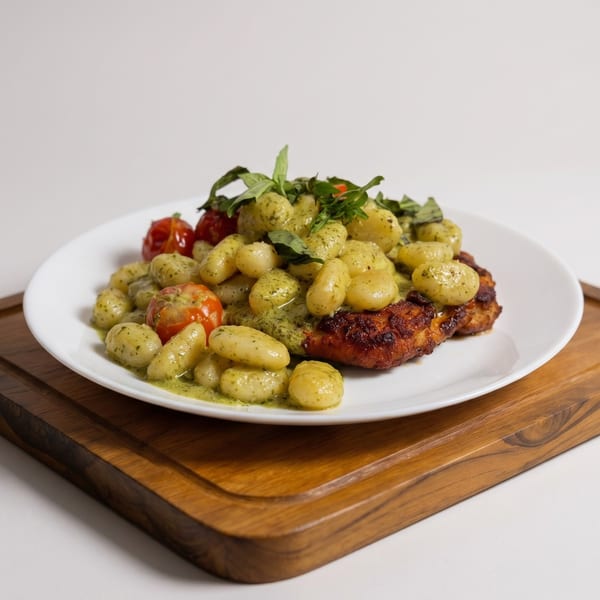 Grilled chicken with pesto gnocchi, roasted tomatoes, and fresh basil on a white plate.