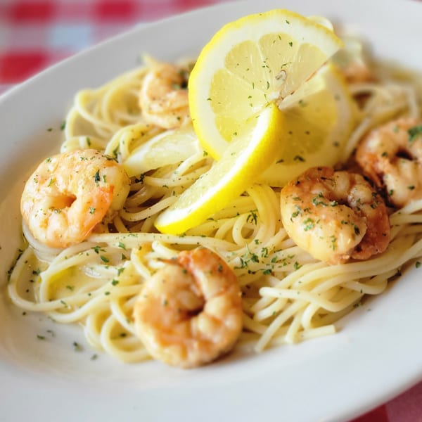 Shrimp scampi with linguine pasta, garnished with fresh parsley and lemon wedges on a white plate.